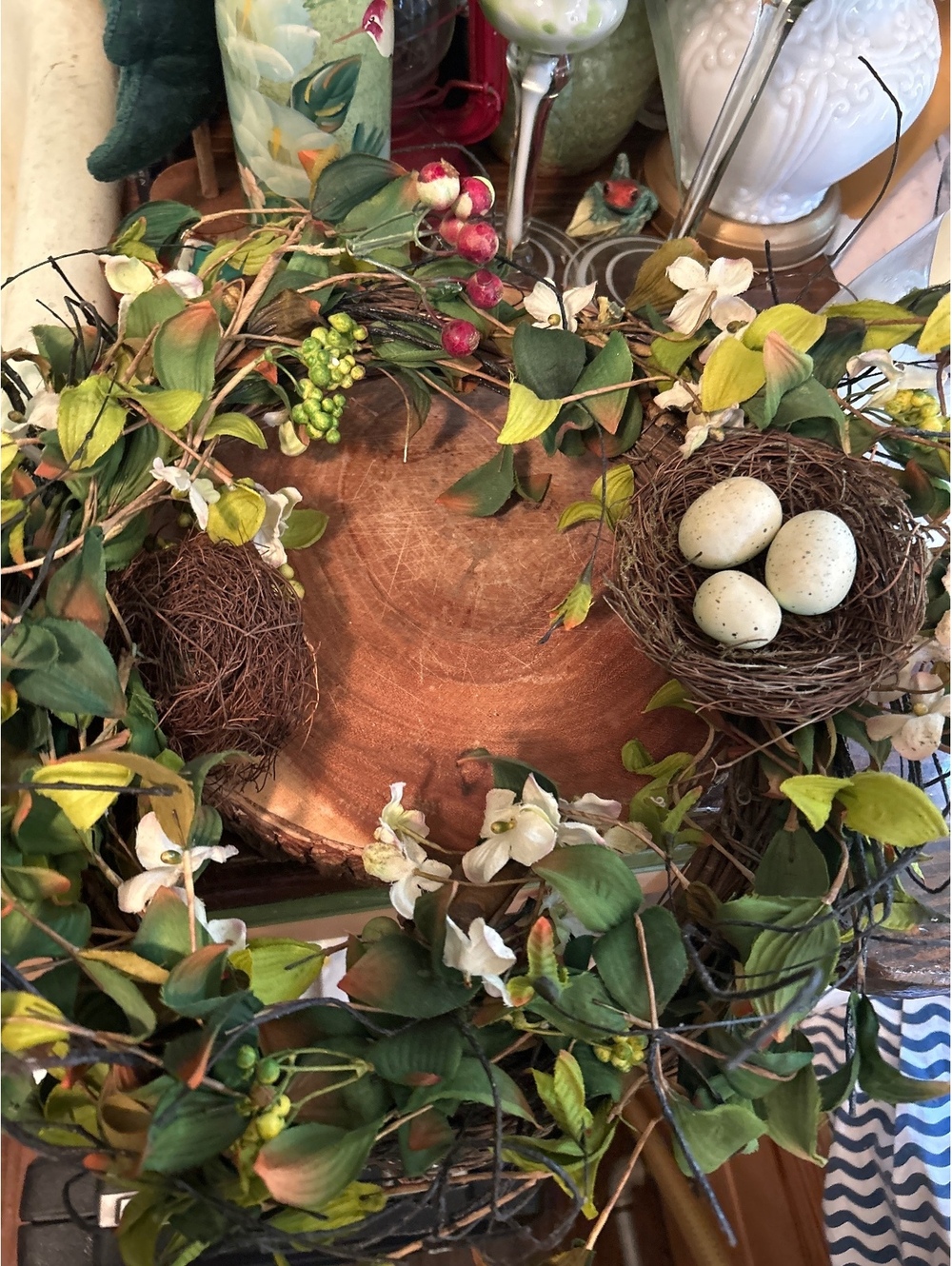 Decorative Spring Wreath with Faux Bird Nests and Eggs